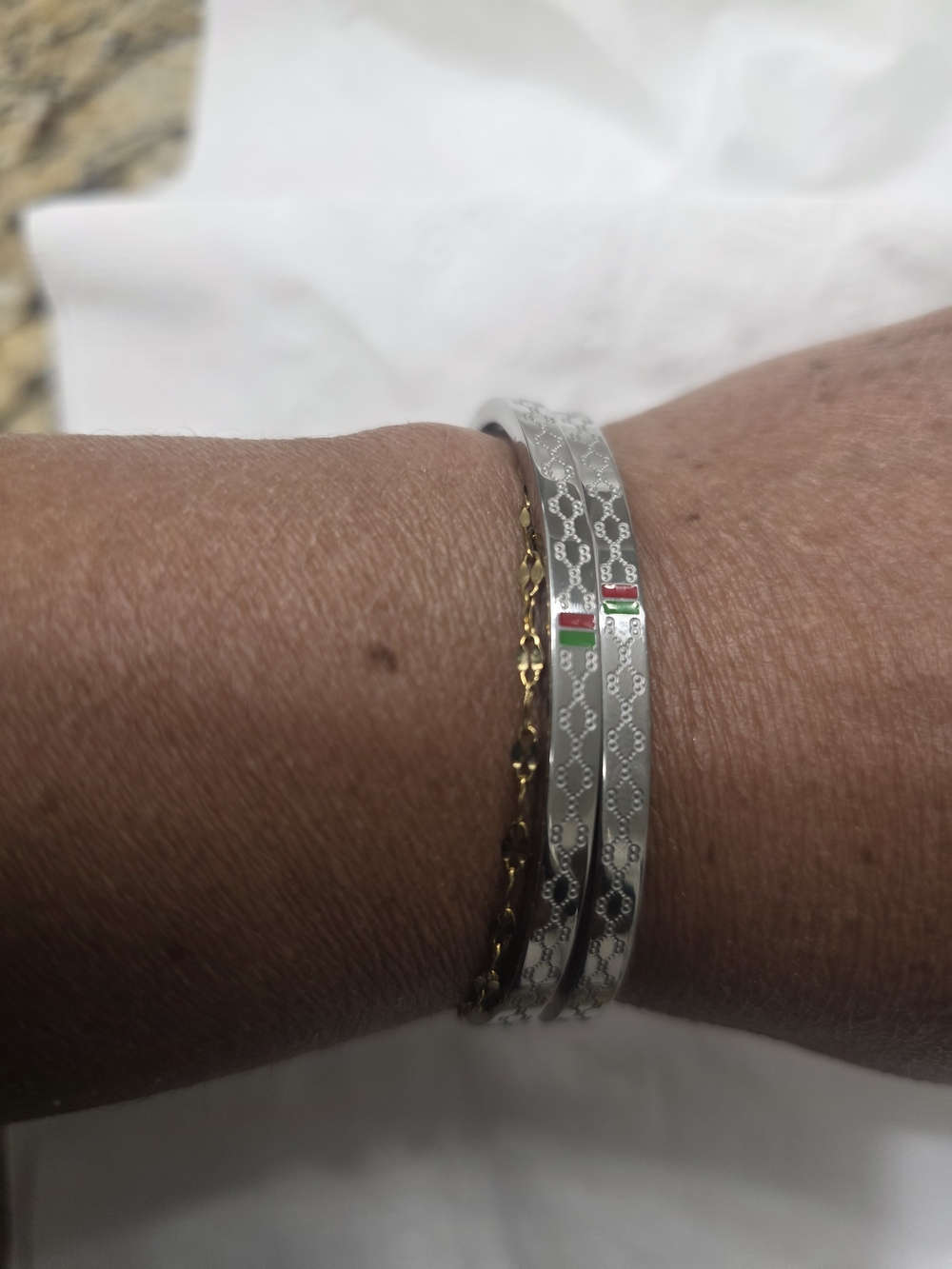 Silver-Tone Women's Bangle Bracelet with Red & Green Accent . Silver Plated